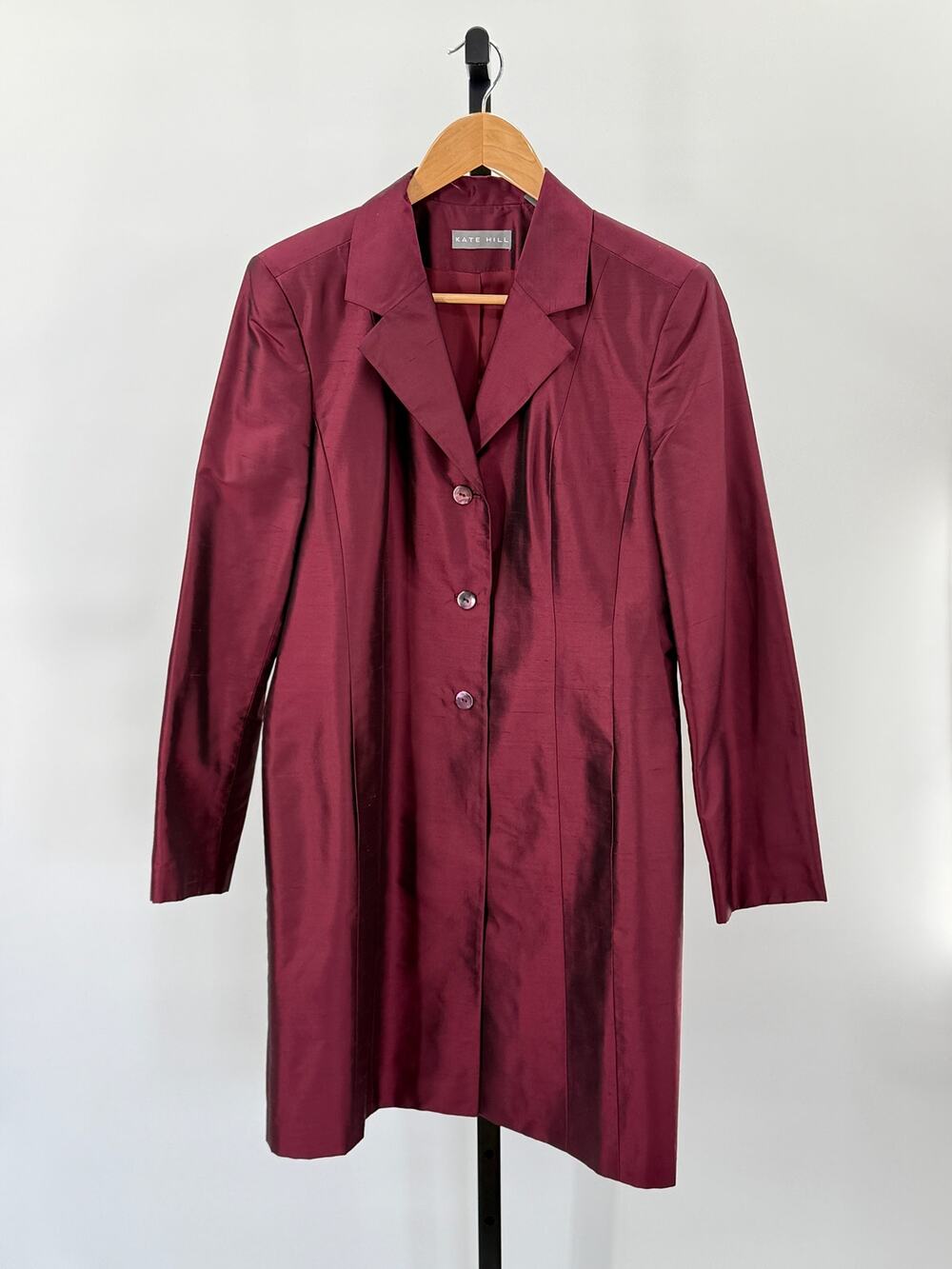 Kate Hill 100% Silk Purple Longline Button 10 Jacket Fall Classic Minimal